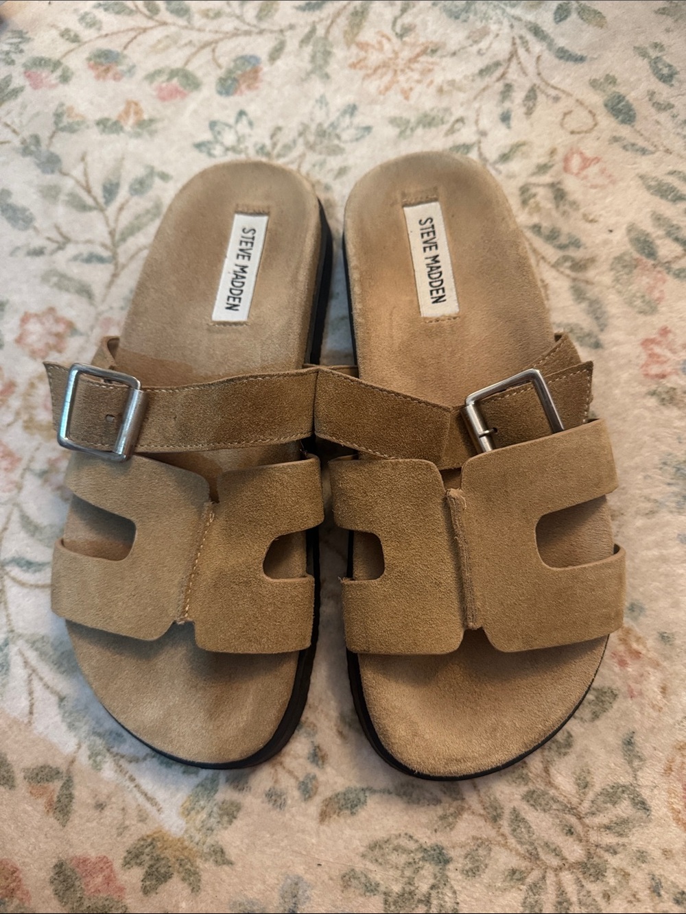 Steve Madden Suede Buckle Slide Sandals in Light Brown